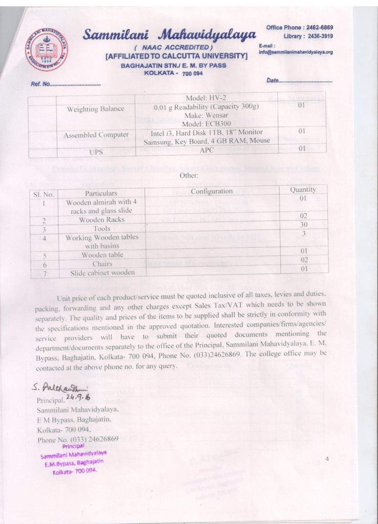 Notice inviting quotation for purchase of different items College